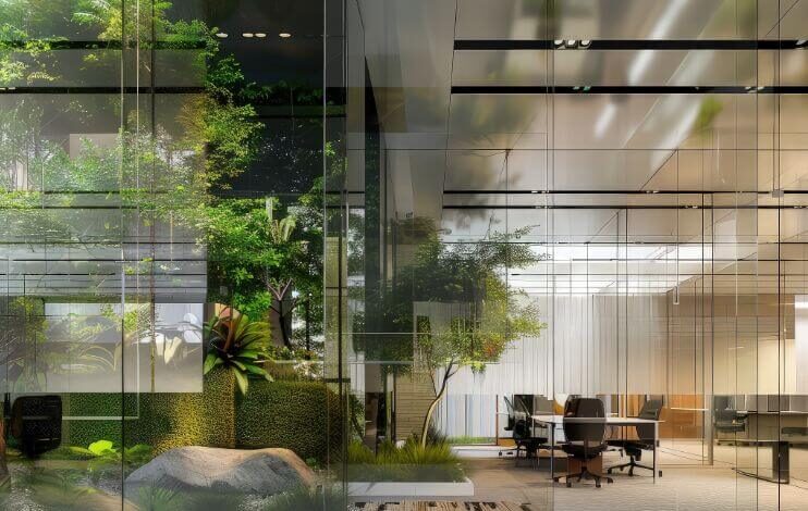 Modern office spaces with glass facade and greenery