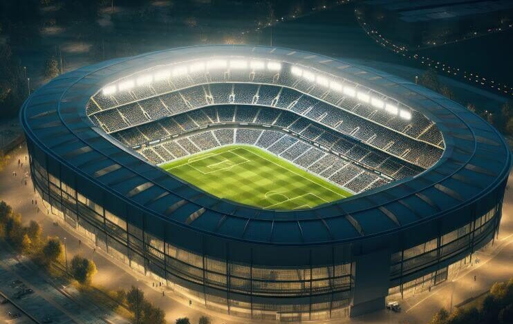 Exterior view of a football stadium at night