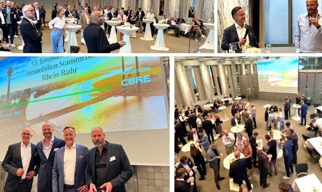 Photo collage of the event, people at standing tables, group photo in front of a screen