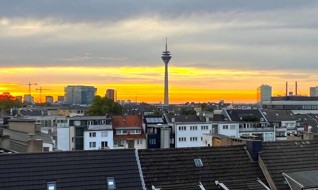 Panorama of the Düsseldorf skyline at sunset